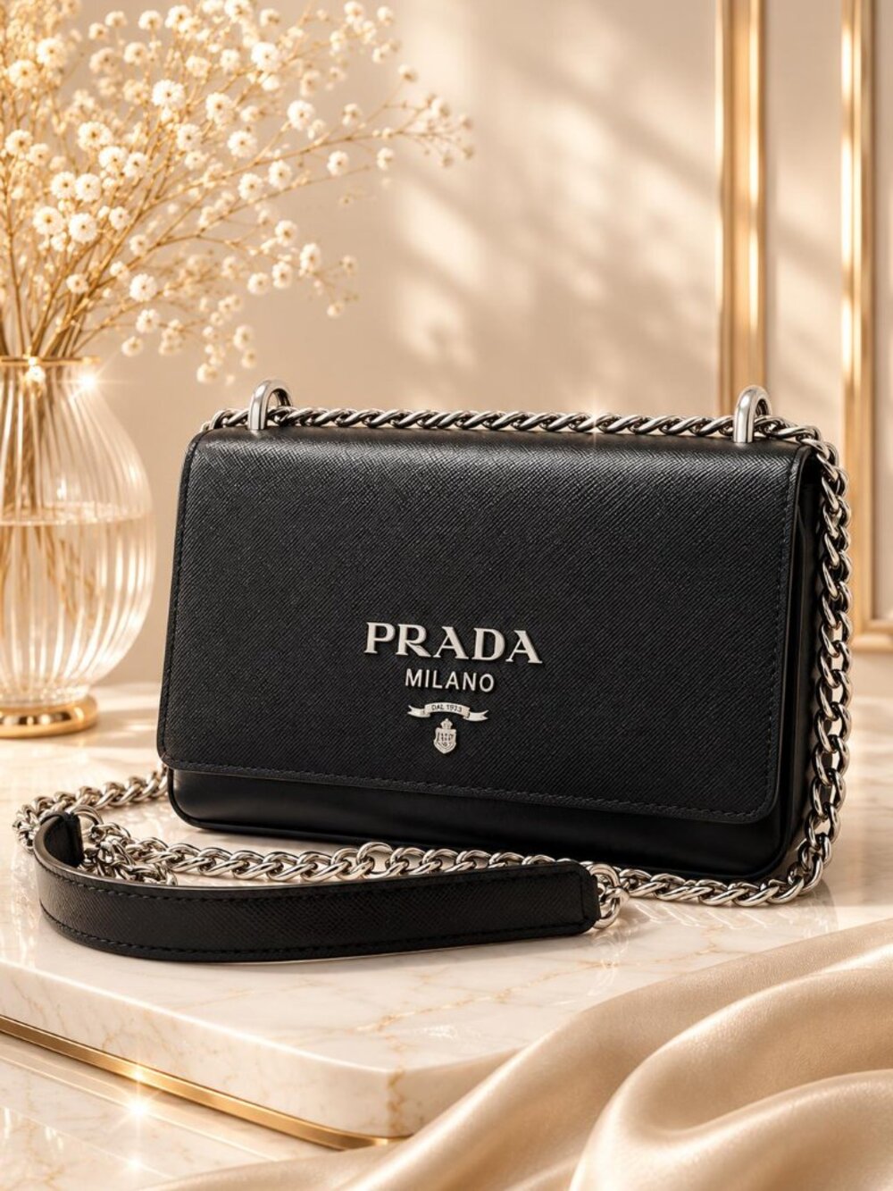 Authentic Prada Saffiano Leather Chain Wallet Crossbody Black Silver Hardware